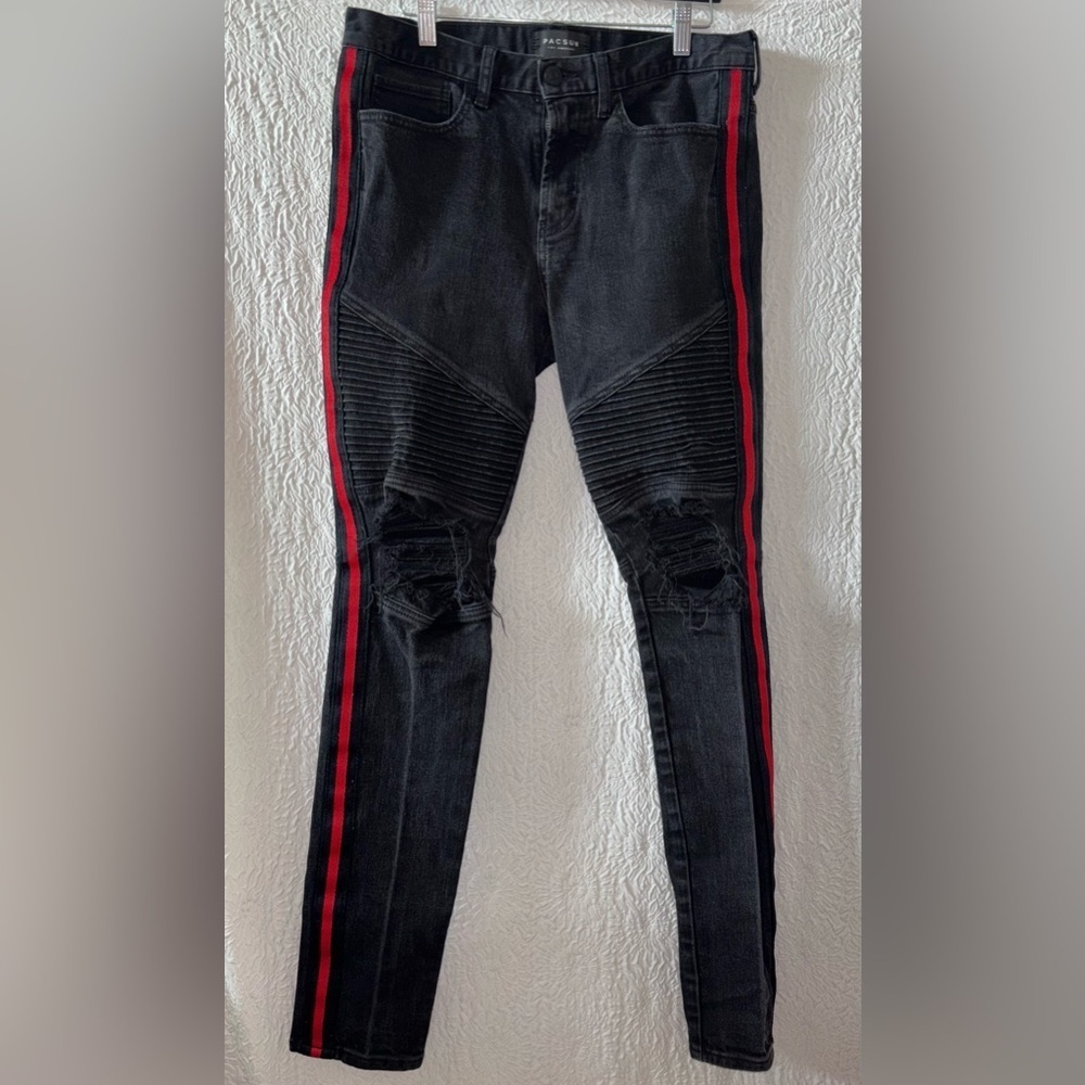 PacSun Comfort Stretch Distressed Stacked Skinny Red Stripe Moto Biker Jeans